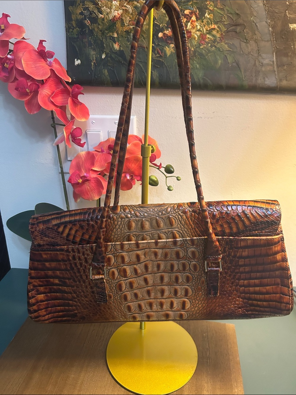 Brahmin Brown Croc-Embossed Leather Satchel with Top Straps - Picture 2 of 5